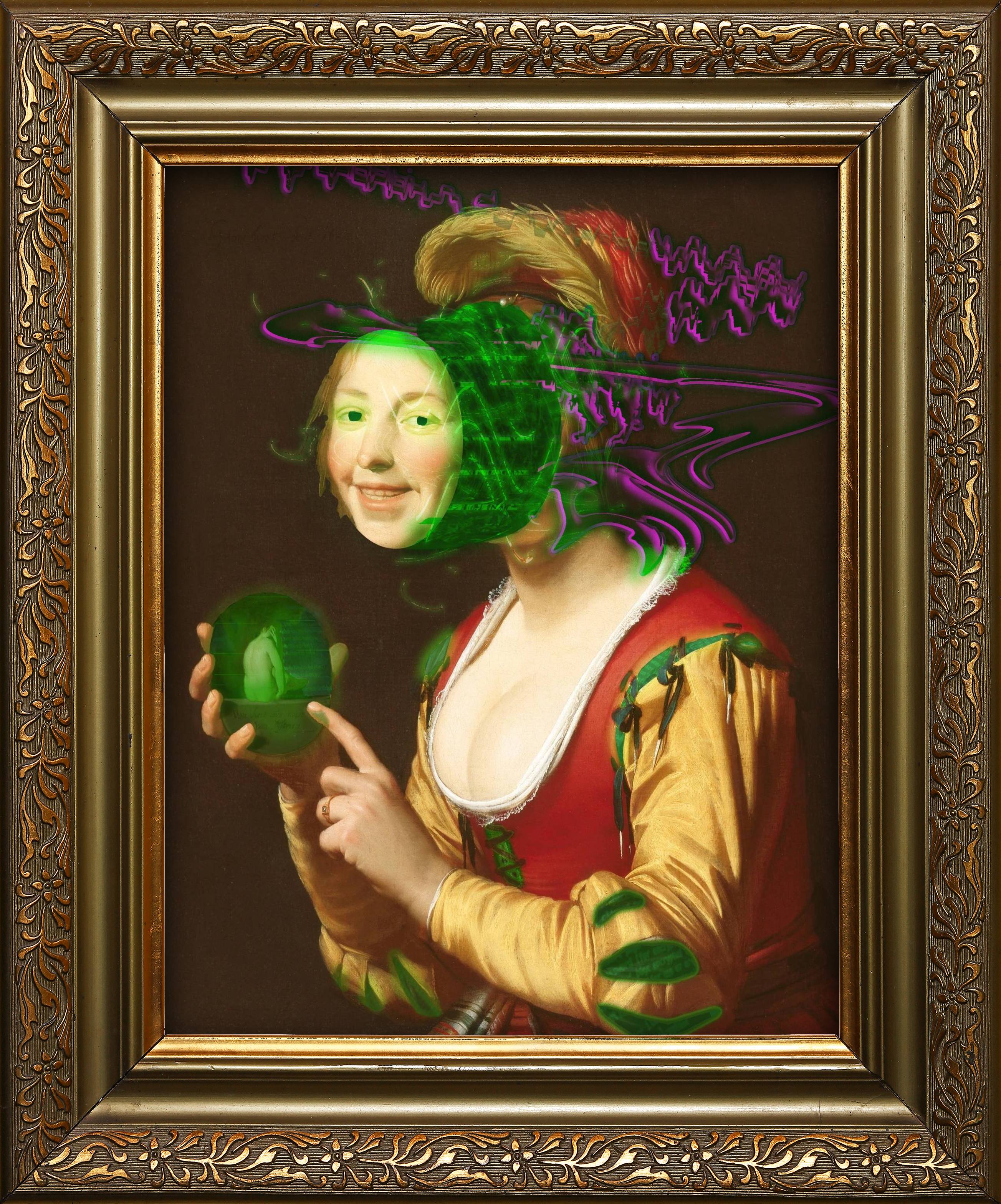 A glitched out rendition of a dutch portrait of an unnamed noble woman. 